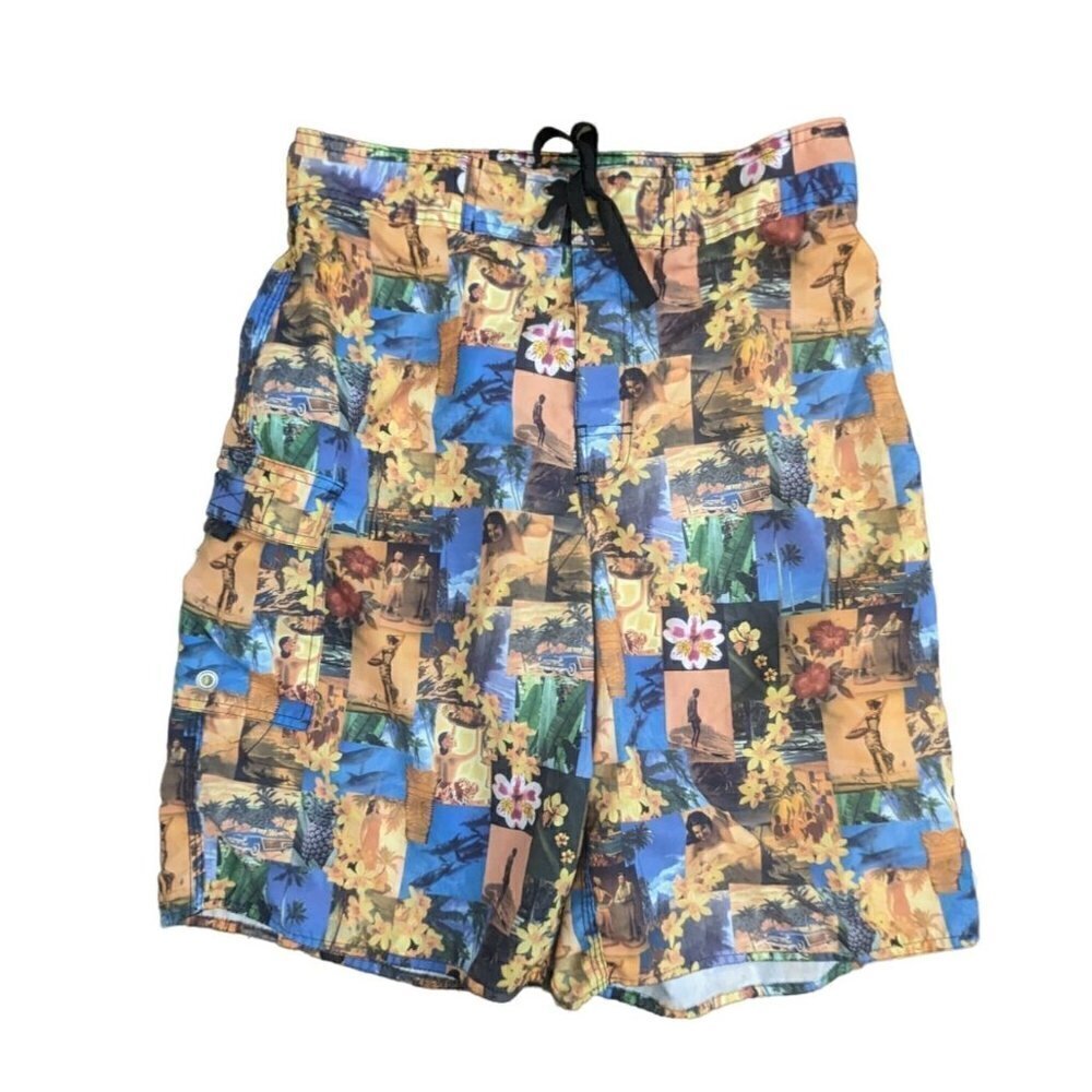 Ron Jon Surf Shop Mens Swim Board Shorts Hawaiian Collage Yellow Size 31